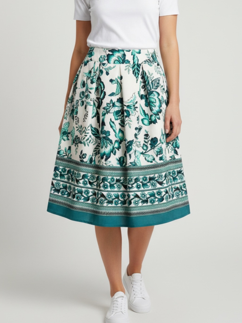 SHEIN White Midi Skirt with Green Floral Border